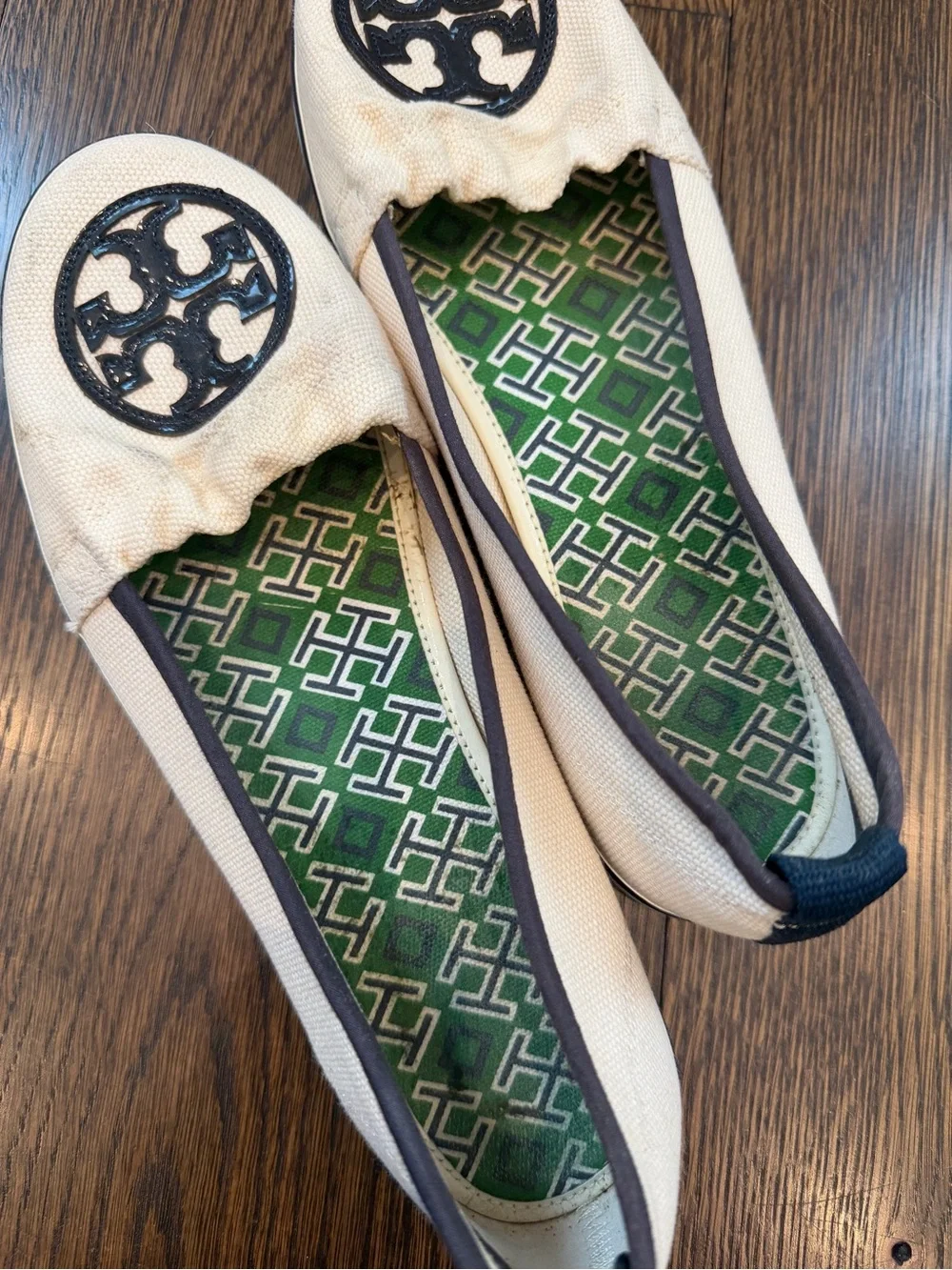 Tory Burch Cream and Navy Canvas Ballet Flats Loafers